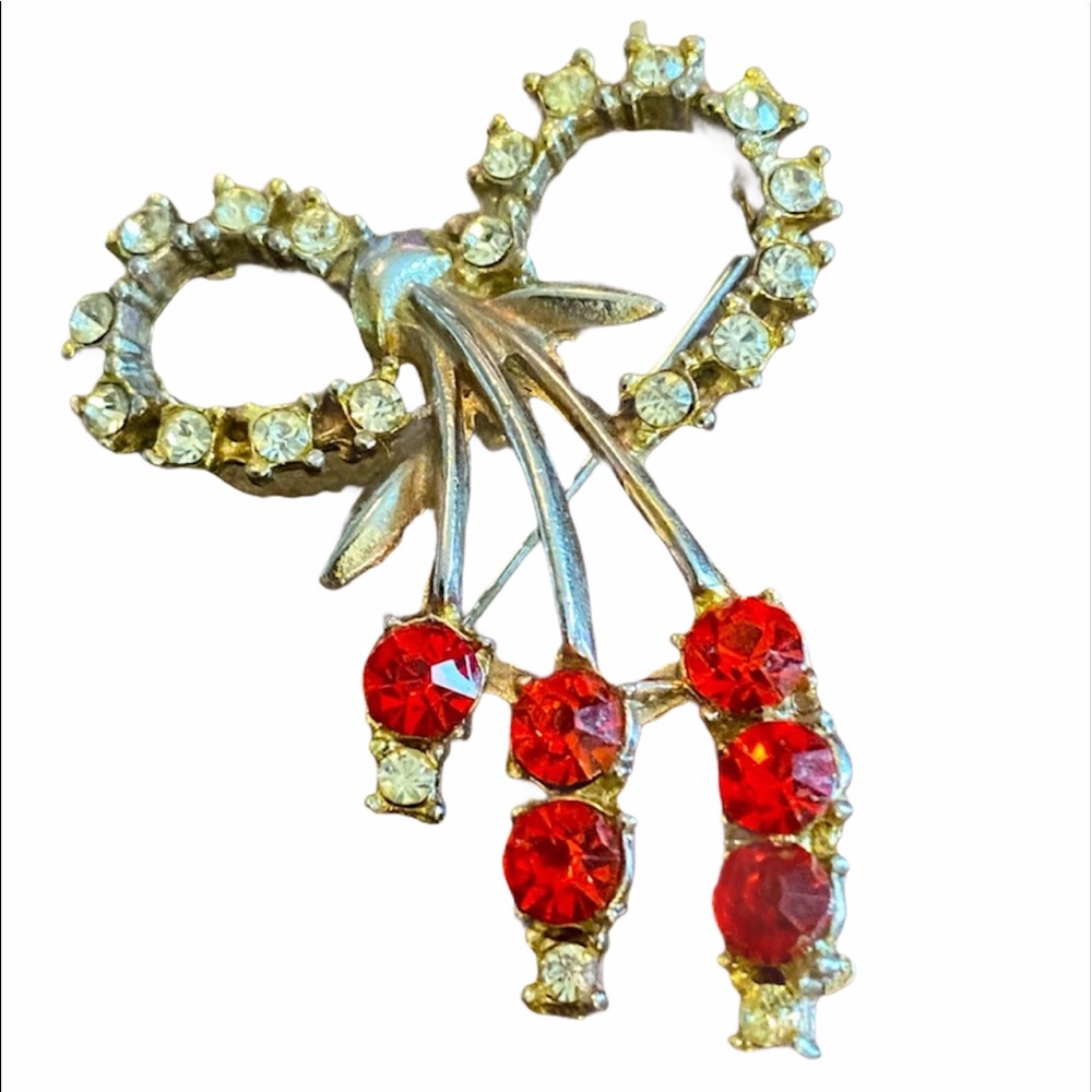 Vintage 1950’s Bow Brooch with Rhinestones, Clear & Red Holiday‎ Bow Brooch